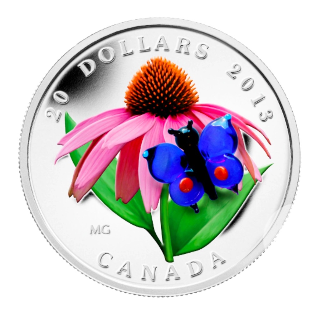 RCM 2013 $20 Fine Silver Coin Purple Cornflower & Eastern Tailed Blue